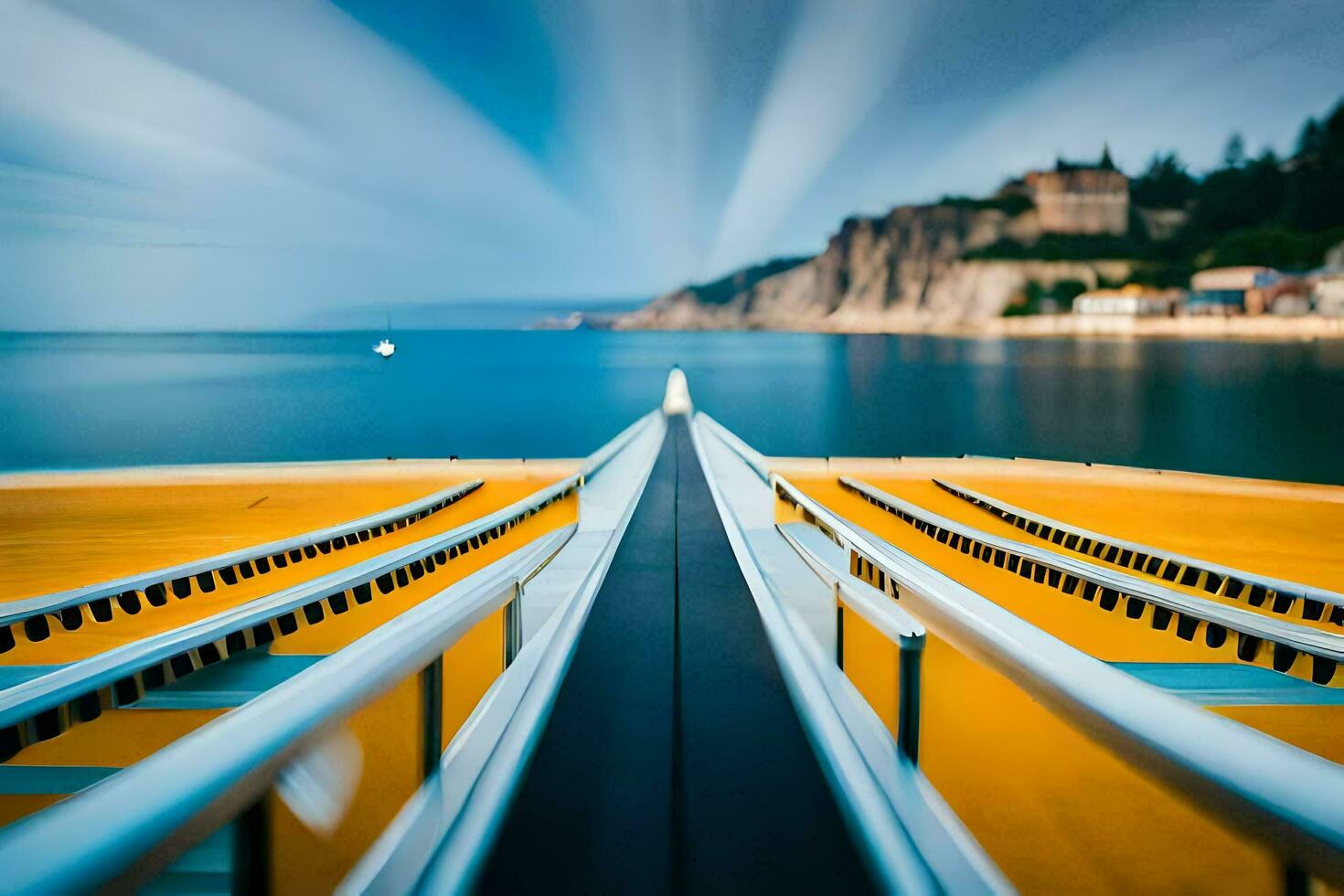 un' lungo esposizione foto di un' ponte al di sopra di un' corpo di acqua. ai-generato