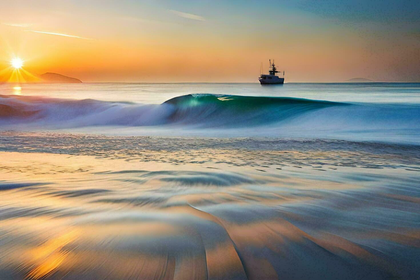 un' barca nel il oceano a tramonto. ai-generato foto