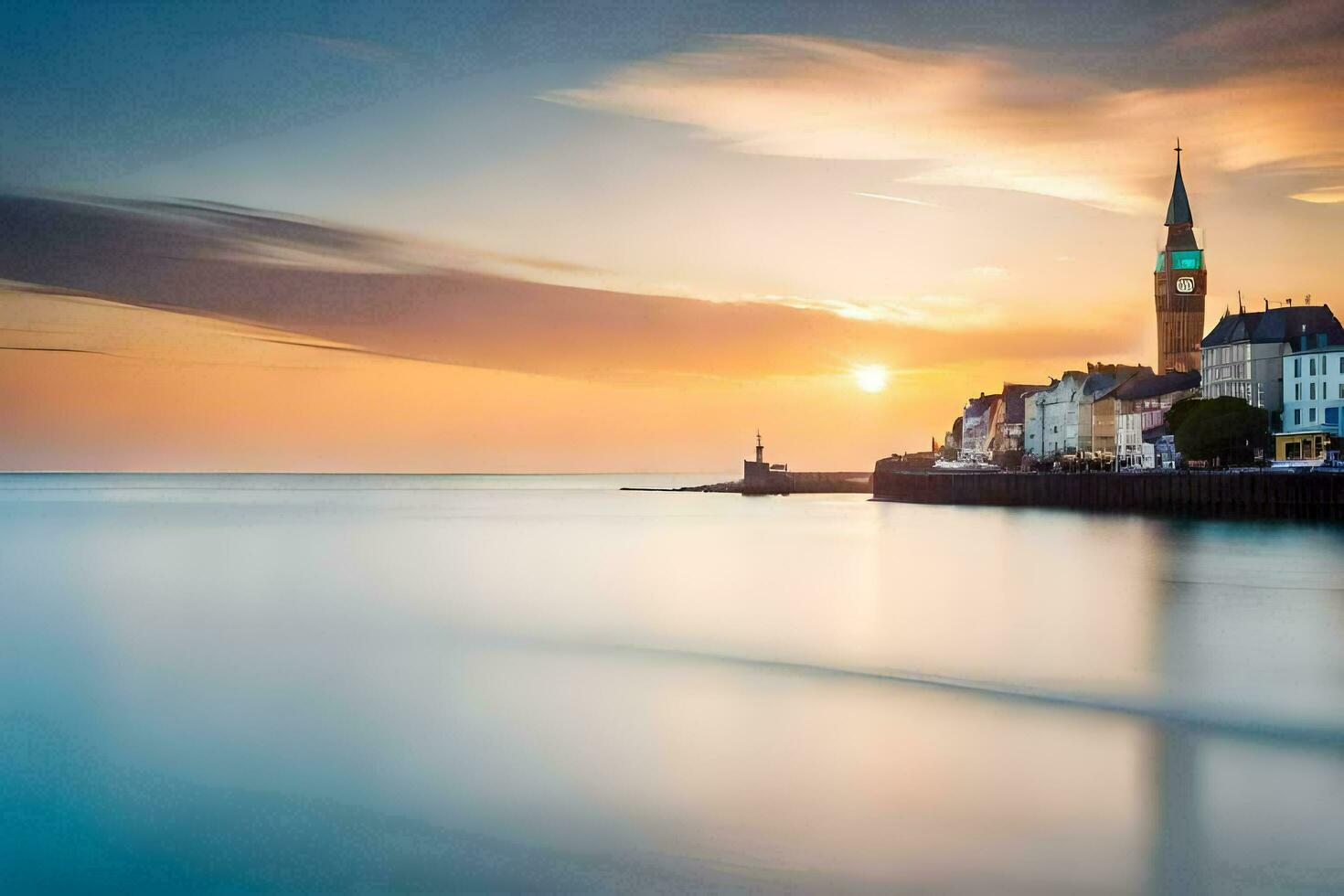 un' lungo esposizione fotografia di un' Chiesa Torre a tramonto. ai-generato foto