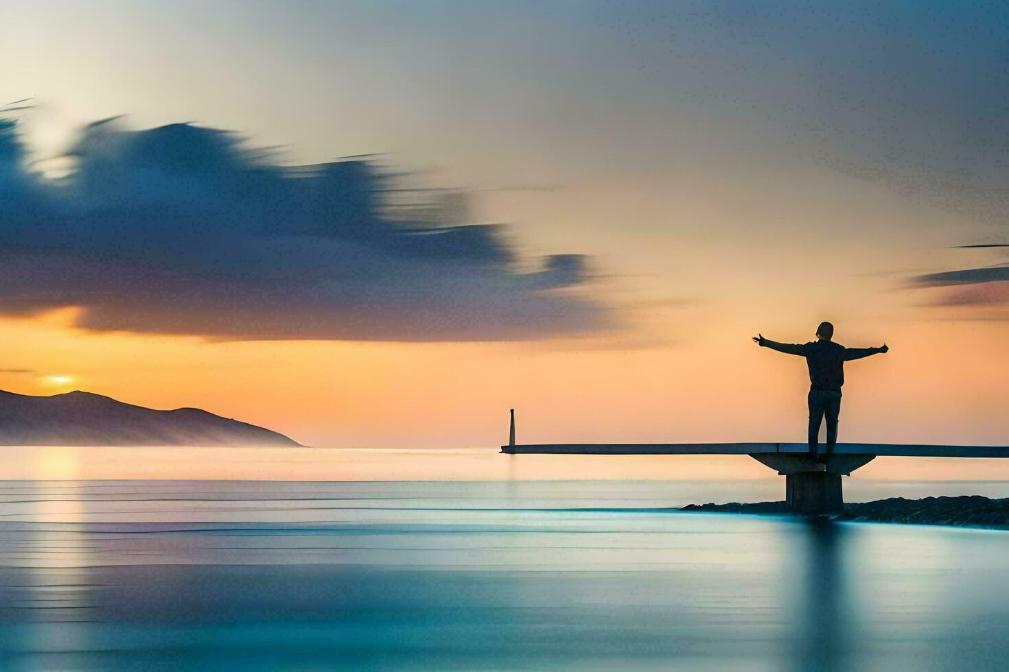 uomo in piedi su un' molo a tramonto. ai-generato foto