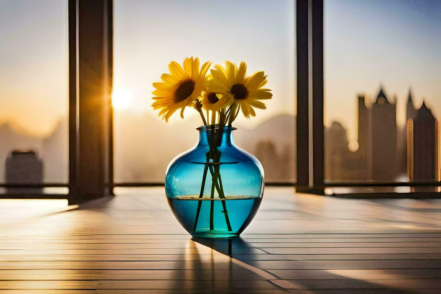 girasoli nel un' blu vaso su un' di legno pavimento. ai-generato foto