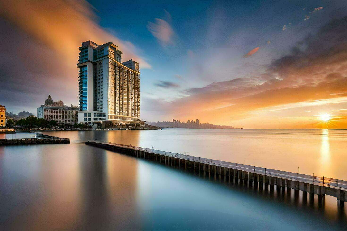 il sole imposta al di sopra di un' città orizzonte e un' lungo esposizione foto. ai-generato foto