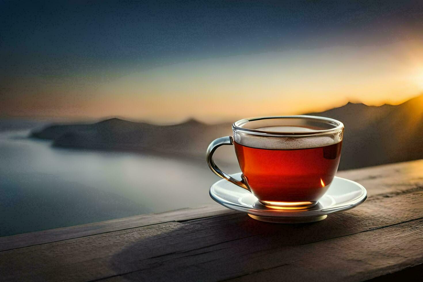 un' tazza di tè su un' di legno tavolo nel davanti di il mare. ai-generato foto