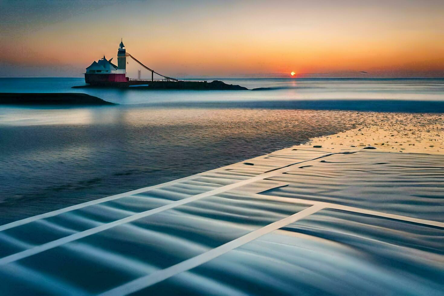 un' faro nel il acqua a tramonto. ai-generato foto