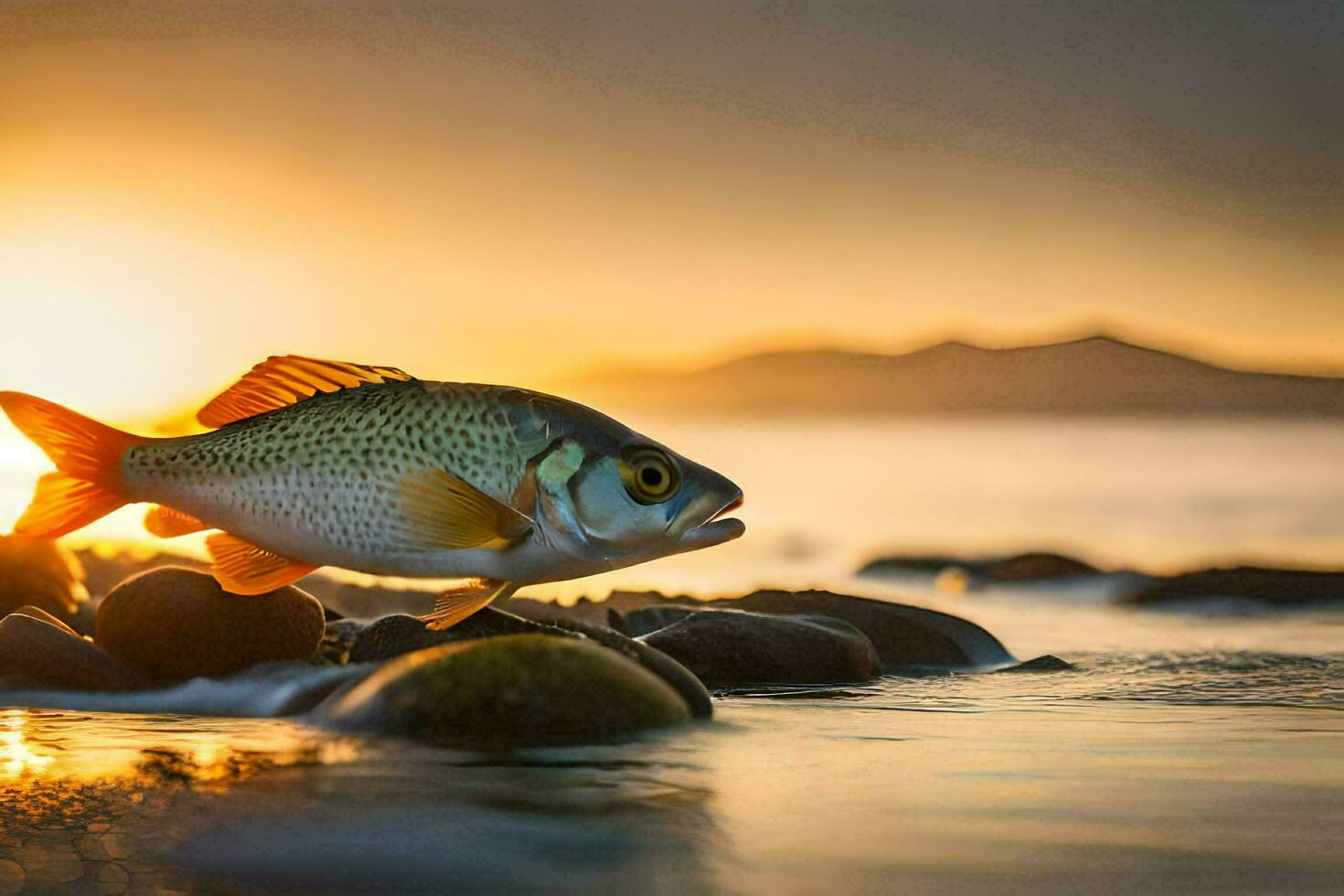 un' pesce è in piedi su il rocce a tramonto. ai-generato foto