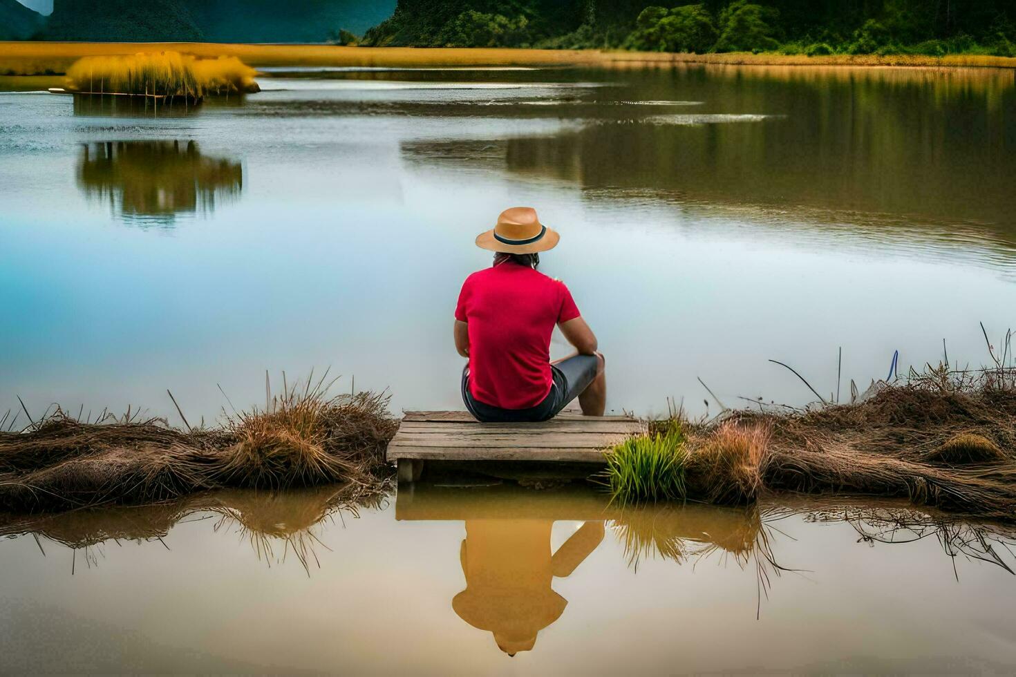 un' uomo seduta su un' bacino guardare a il acqua. ai-generato foto