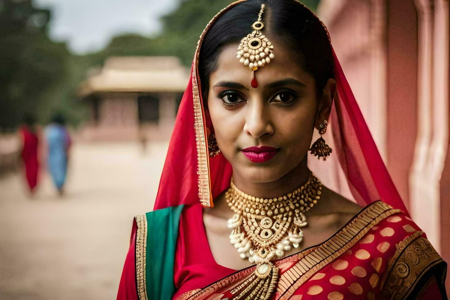 un' bellissimo indiano donna indossare un' rosso sari e oro gioielleria. ai-generato foto