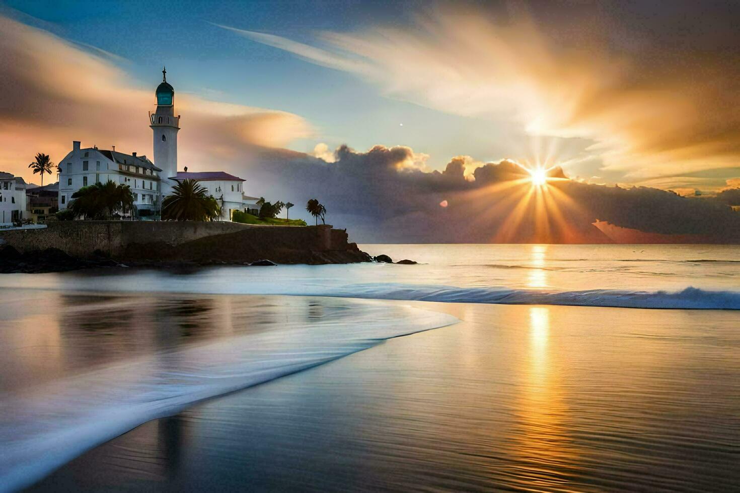 il sole imposta al di sopra di un' faro su il spiaggia. ai-generato foto