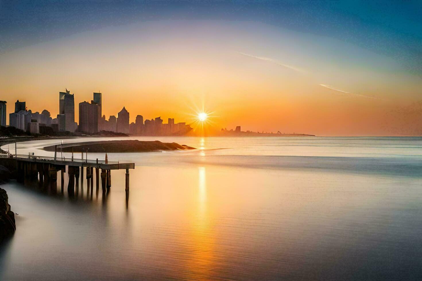 il sole sorge al di sopra di il oceano e città orizzonte. ai-generato foto