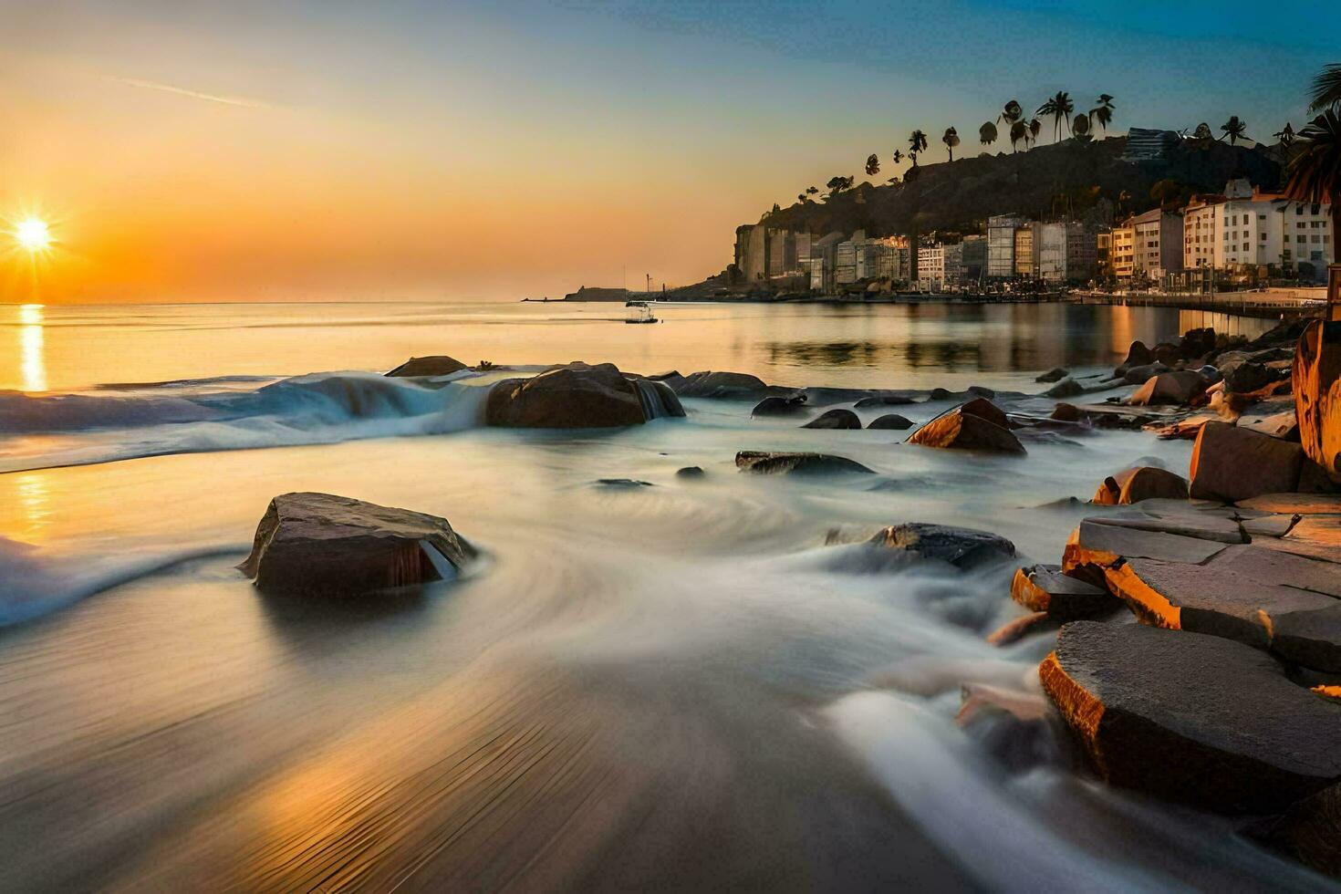 il sole imposta al di sopra di il oceano e rocce. ai-generato foto