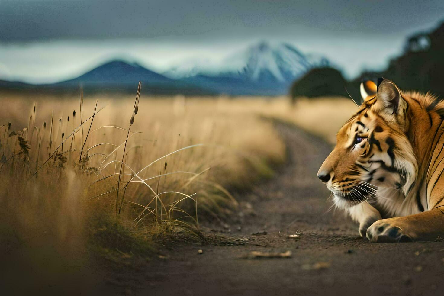 un' tigre posa giù nel il mezzo di un' campo. ai-generato foto