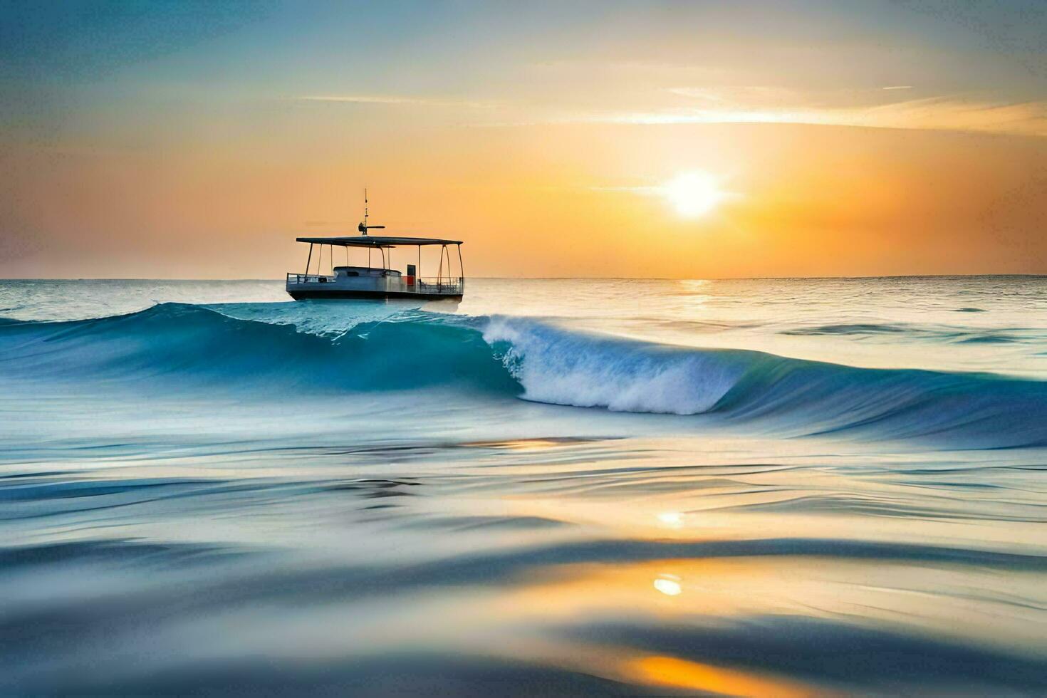 un' barca nel il oceano a tramonto. ai-generato foto