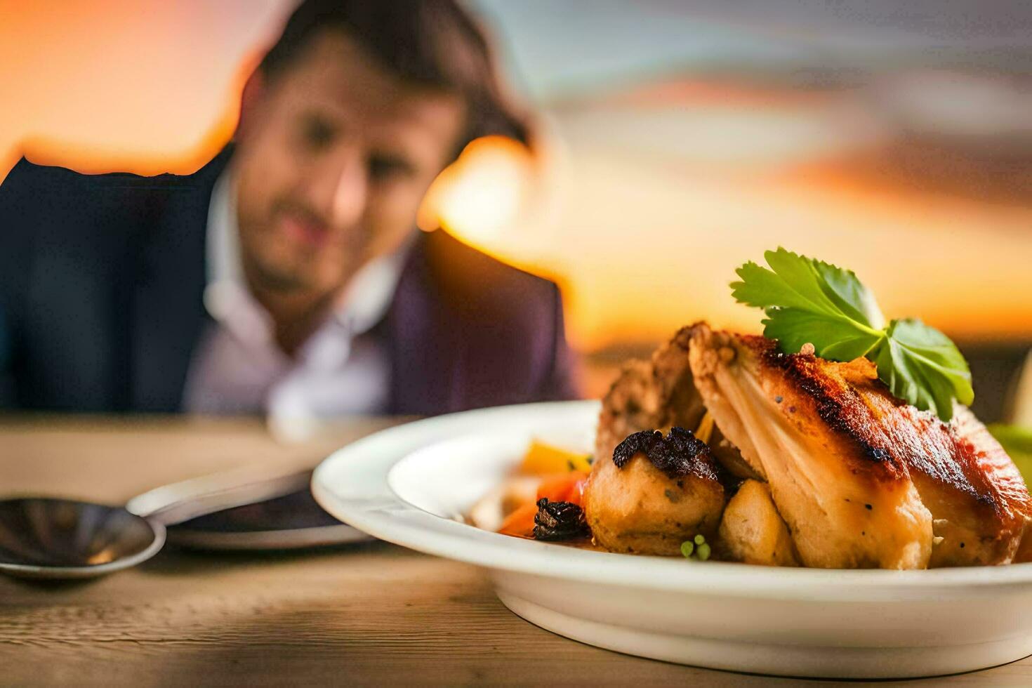 un' uomo seduta a un' tavolo con un' piatto di cibo. ai-generato foto