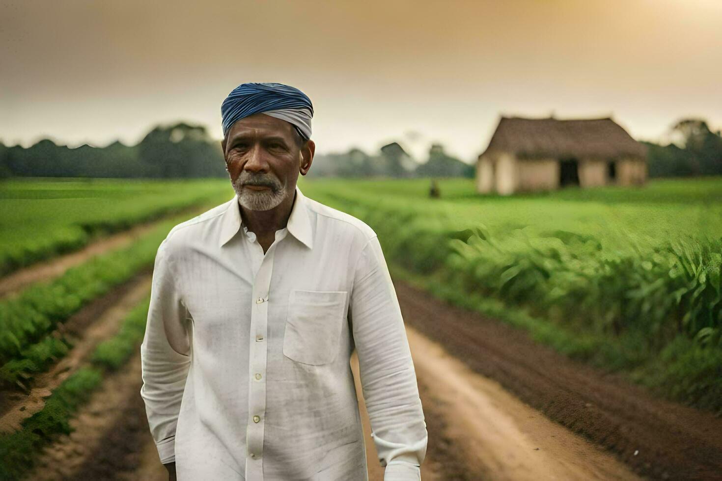 un vecchio uomo a piedi nel un' campo. ai-generato foto