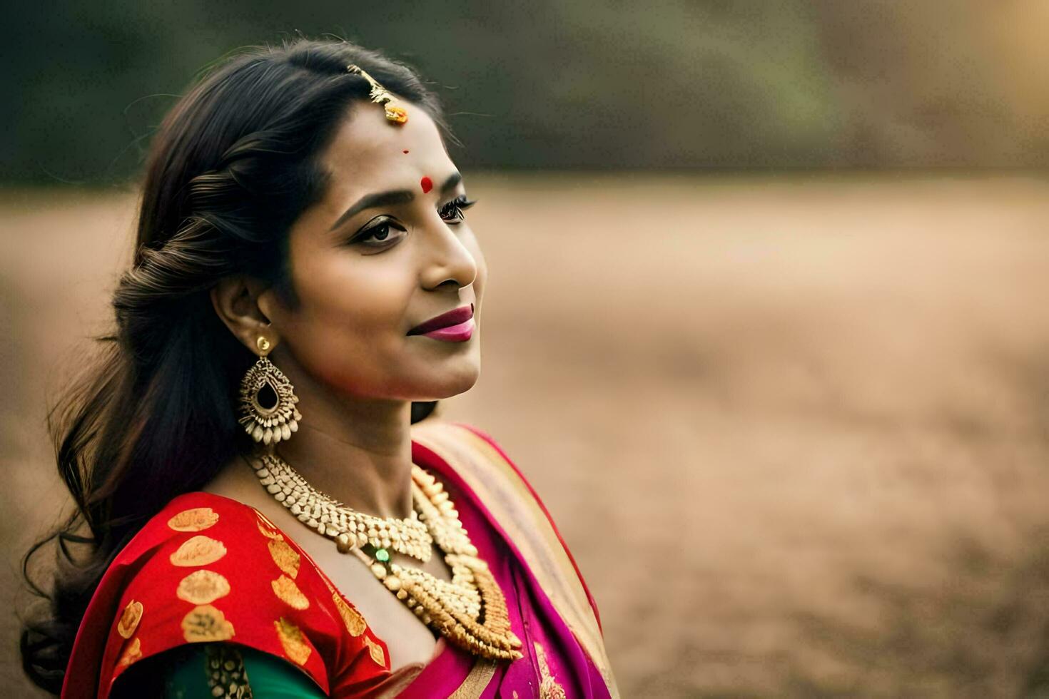 un' bellissimo indiano donna nel un' campo. ai-generato foto