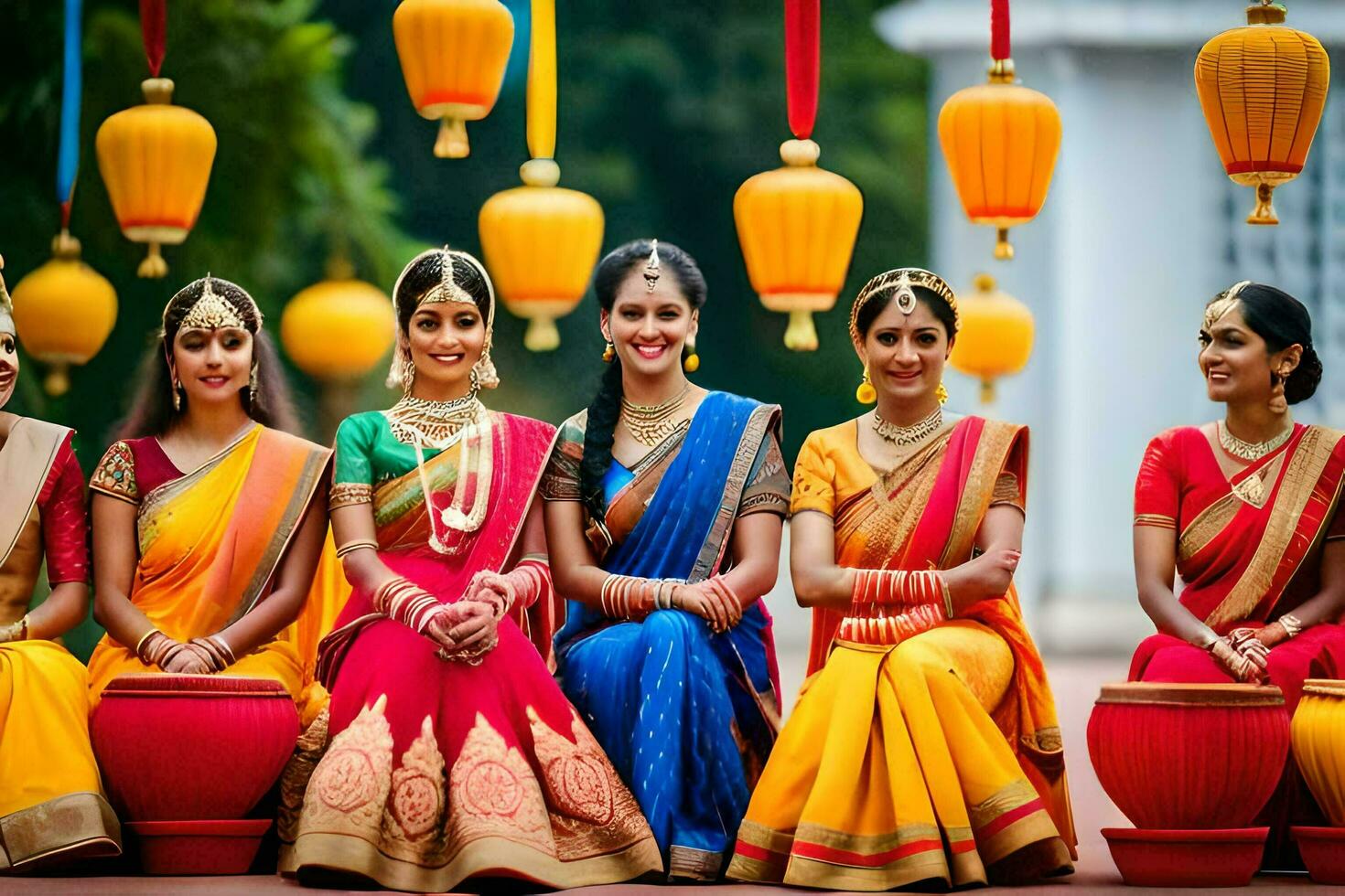 un' gruppo di donne nel colorato sari. ai-generato foto