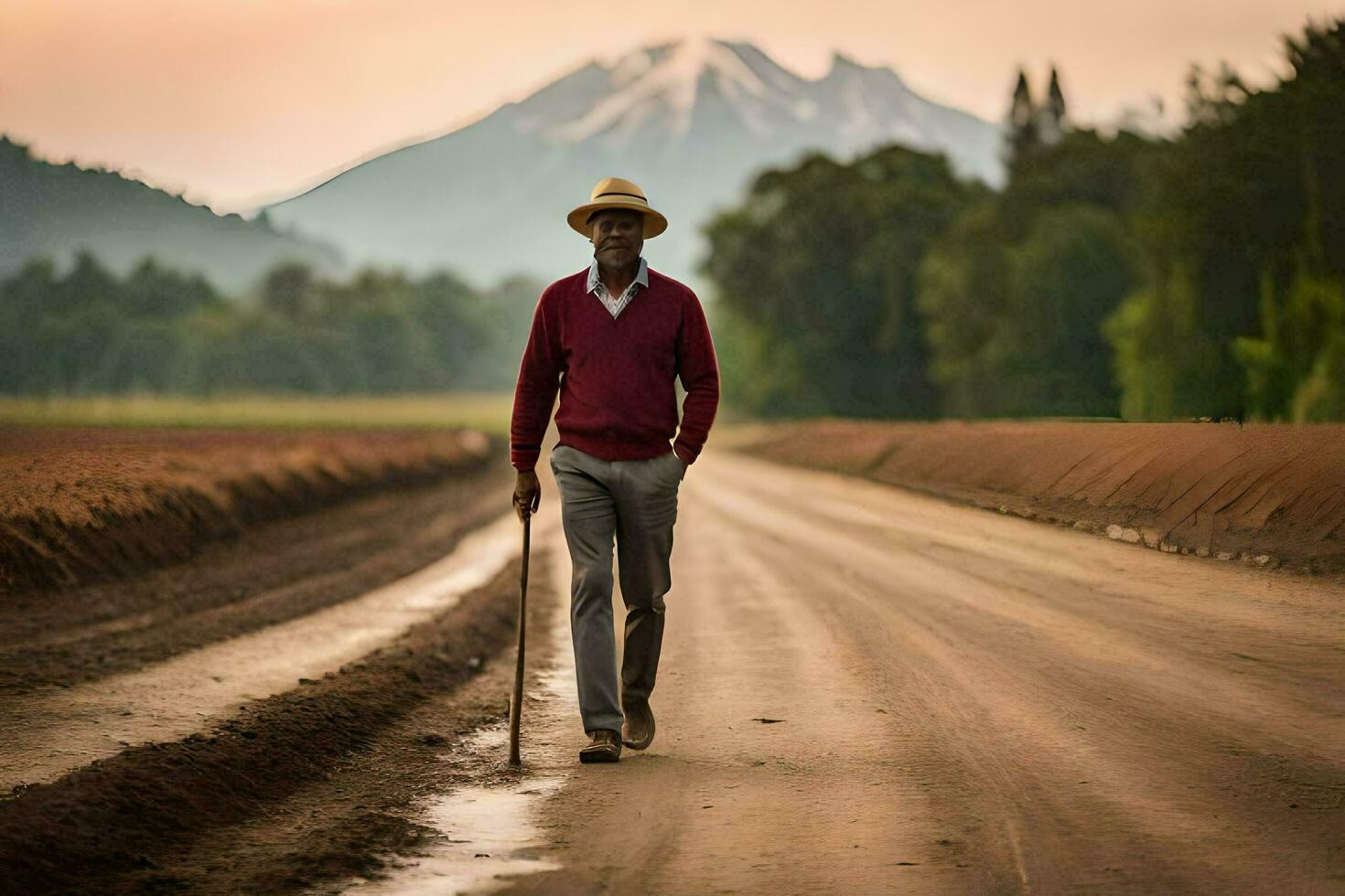 un' uomo a piedi giù un' sporco strada con un' montagna nel il sfondo. ai-generato foto