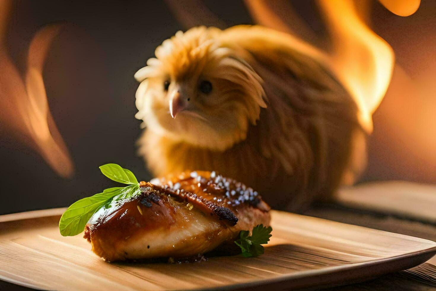 un' pollo è seduta su un' piatto con un' pezzo di carne. ai-generato foto