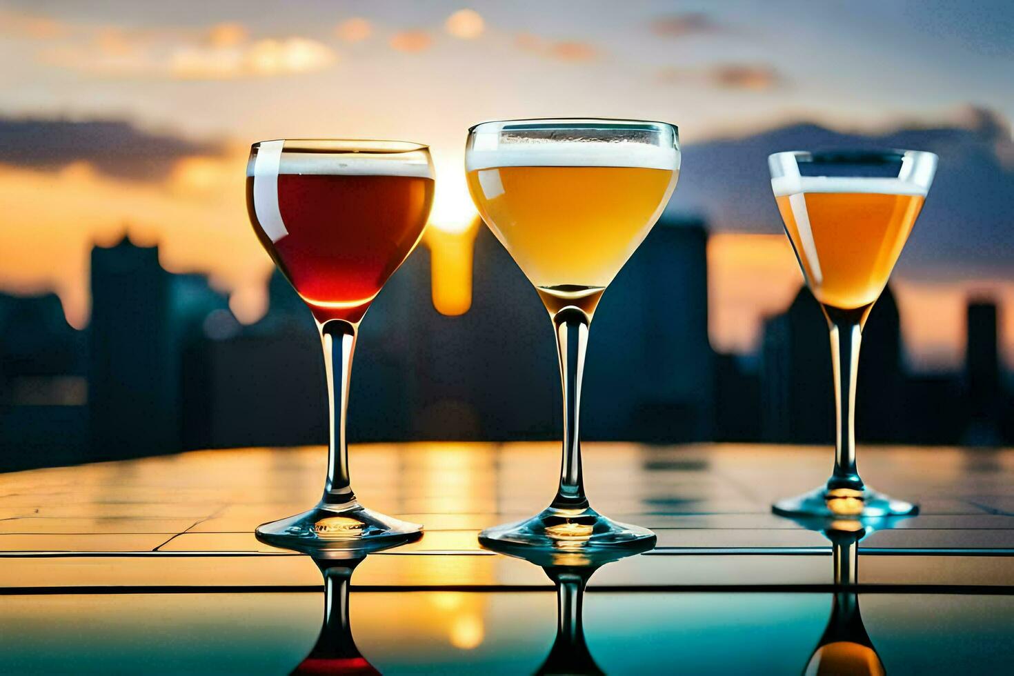 tre bicchieri di diverso bevande su un' tavolo con un' città orizzonte nel il sfondo. ai-generato foto