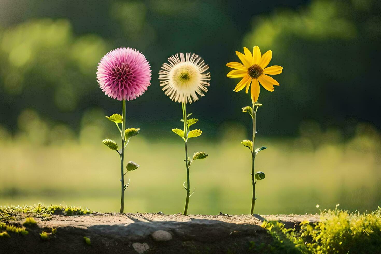 tre fiori siamo in crescita su di un' roccia. ai-generato foto