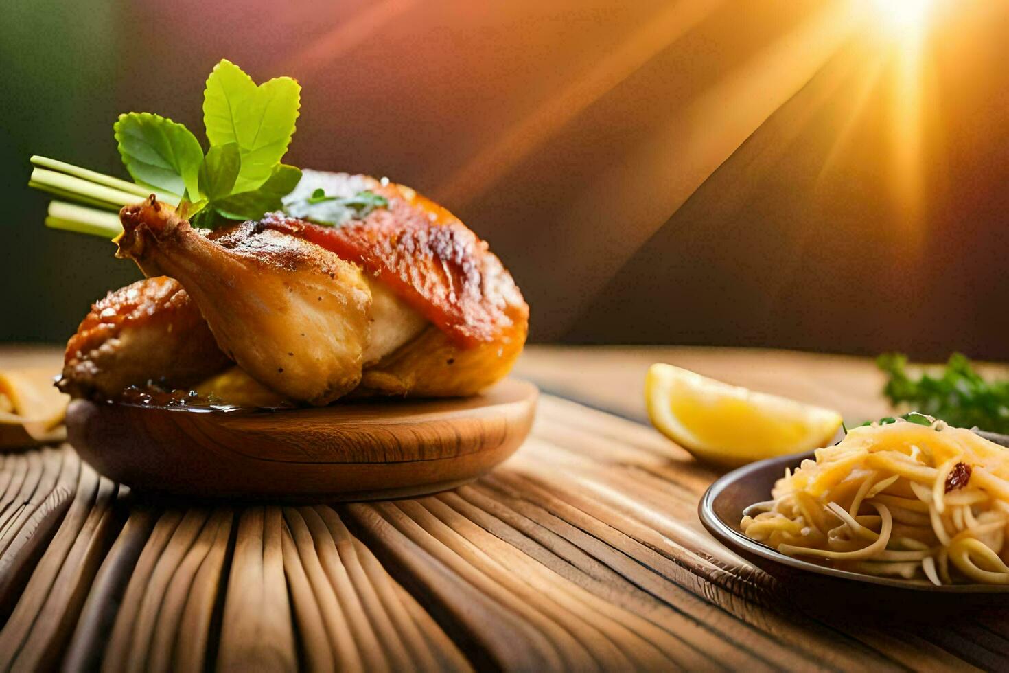 un' pollo su un' di legno tavola con un' ciotola di tagliatelle. ai-generato foto