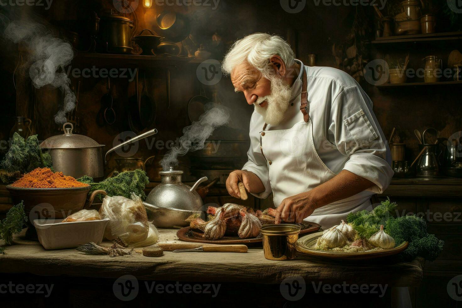 dedito cucinare vecchio uomo vegano cucina. creare ai foto