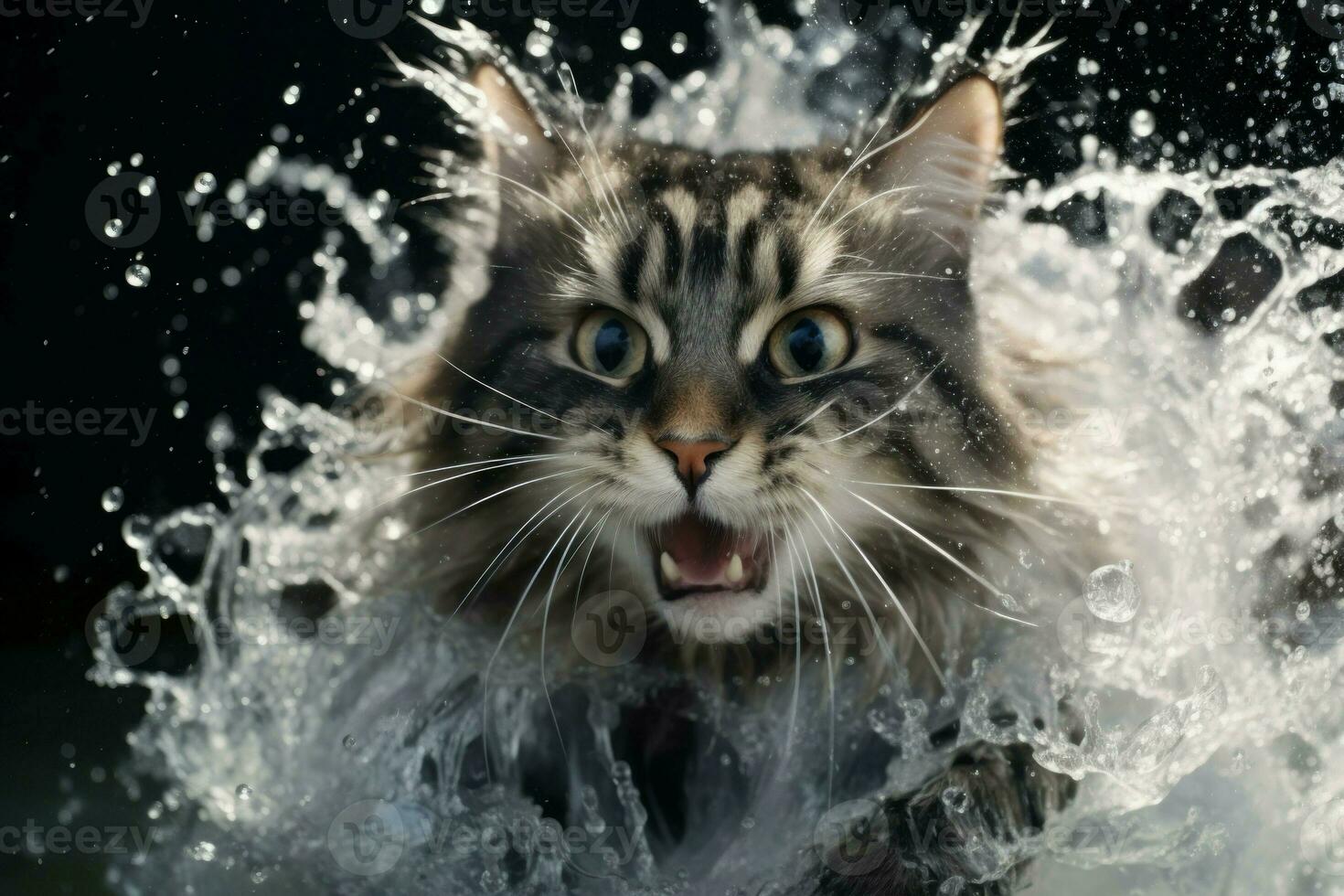 inaspettato gatto spruzzi acqua correre. creare ai foto