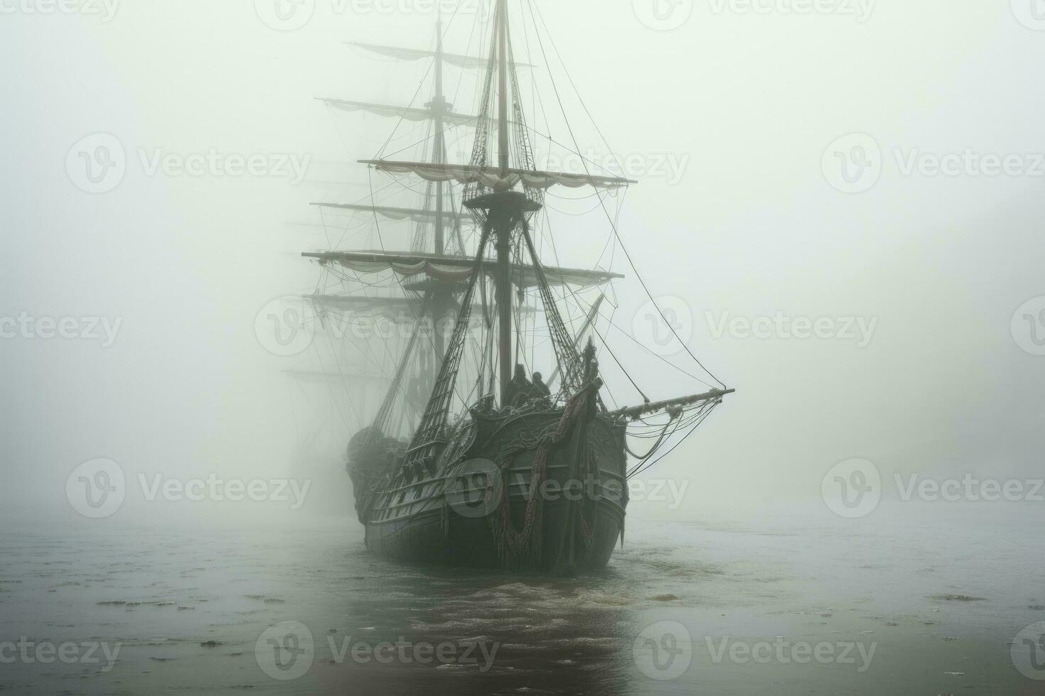 nebbioso apparizione di un' fantasma nave emergente a partire dal un' nebbioso paesaggio marino foto
