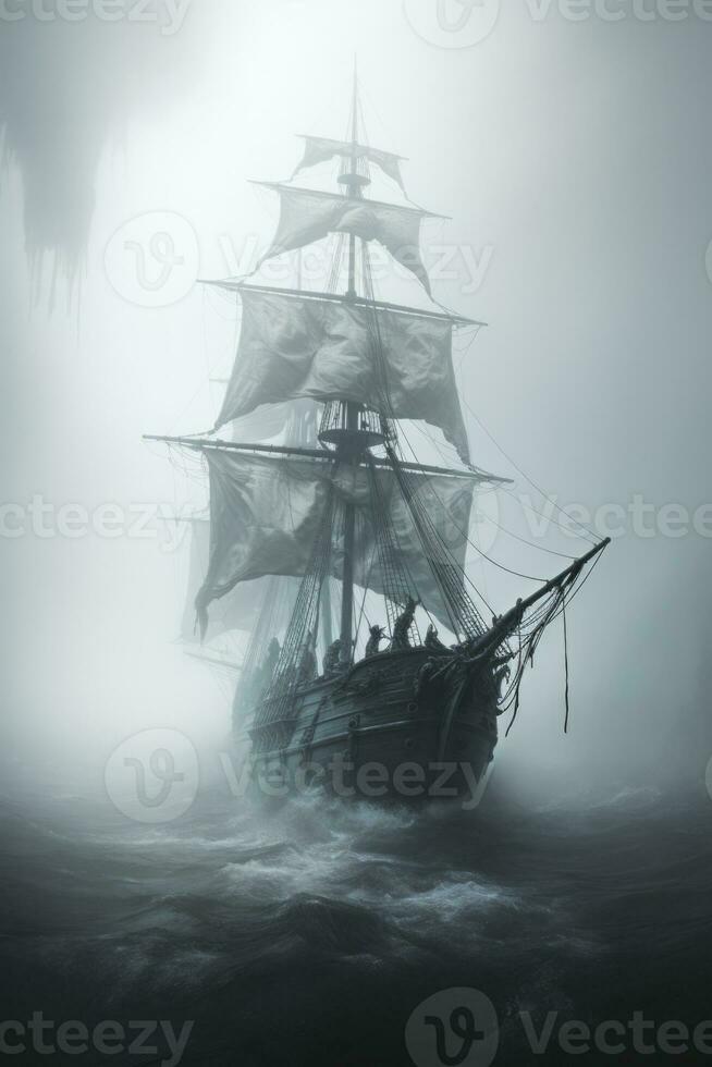 nebbioso apparizione di un' fantasma nave emergente a partire dal un' nebbioso paesaggio marino foto