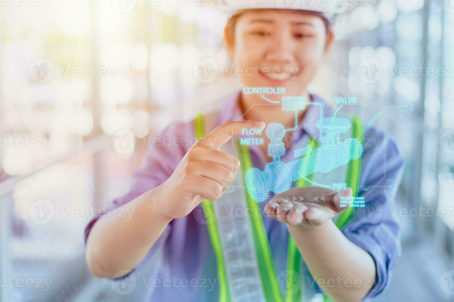 ingegnere Lavorando con moderno tecnologia ologramma grafico 3d tubo design modello copertura nel mano palma foto