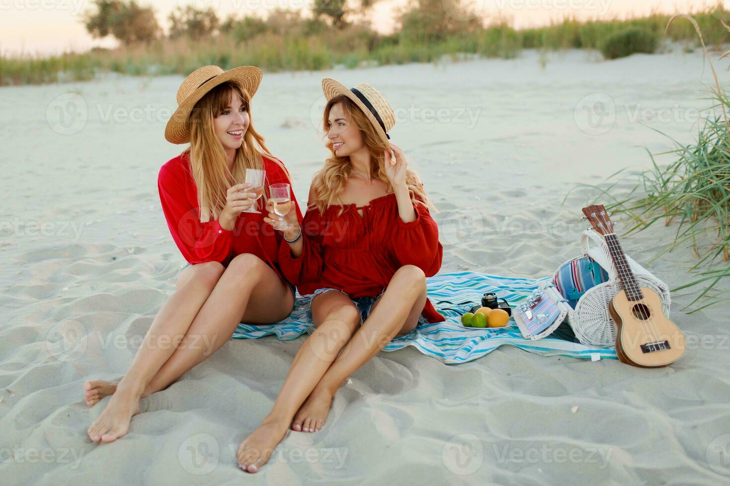 Due bella donne nel rosso estate attrezzatura abd cannuccia cappelli godendo picnic su il spiaggia. estate umore. foto