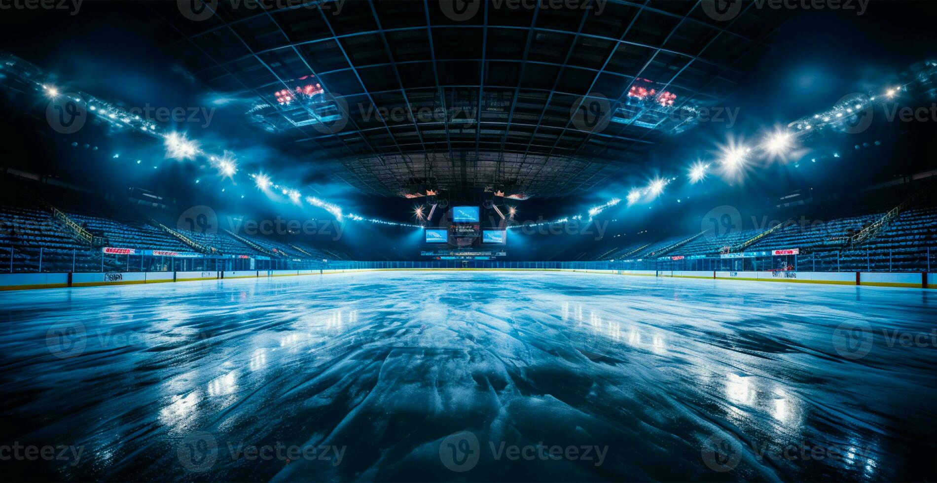 hockey stadio, vuoto gli sport arena con ghiaccio pista di pattinaggio, freddo sfondo - ai generato Immagine foto