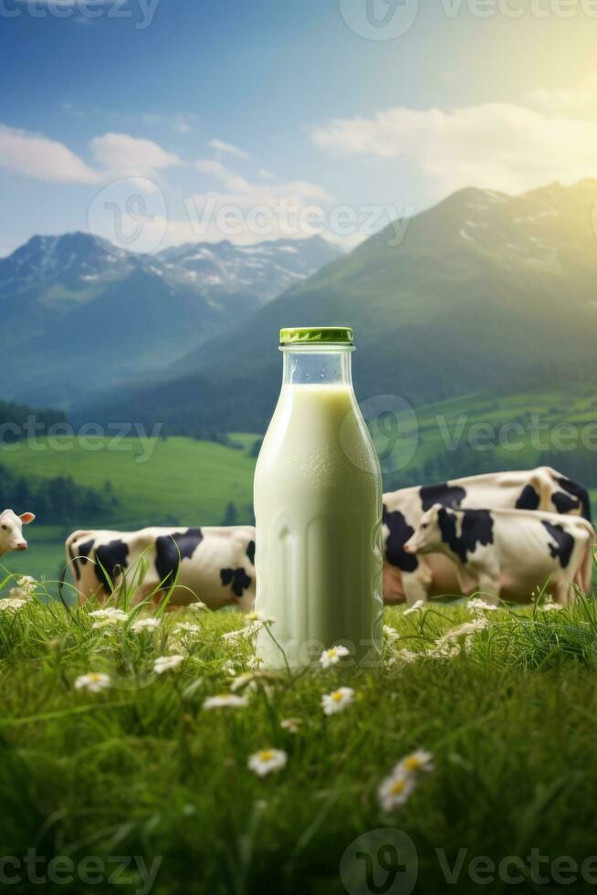 bottiglia di latte contro verde prato con pascolo mucche. generativo ai foto