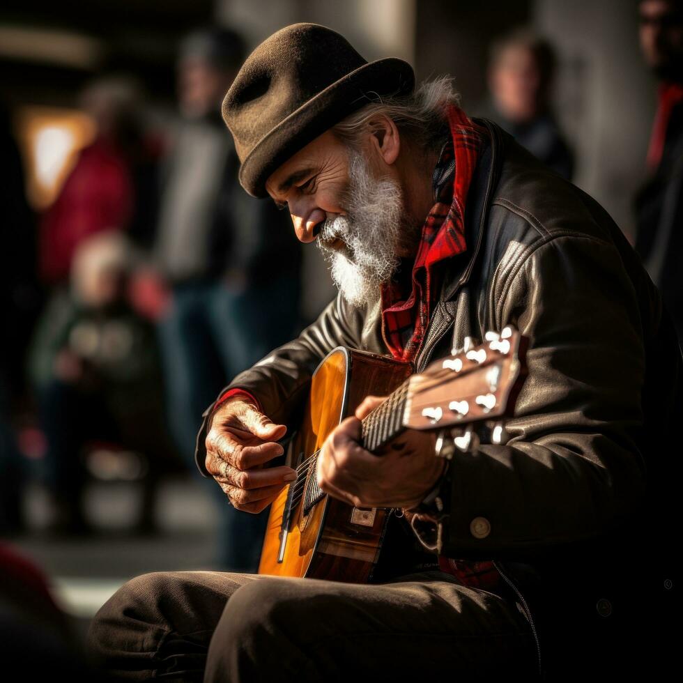 musicista giochi chitarra su il strada tra un' folla di persone foto