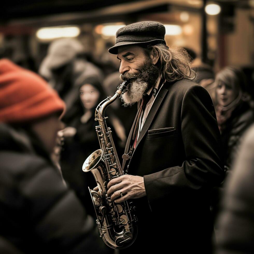 musicista giochi il sassofono su il strada tra un' folla di persone foto