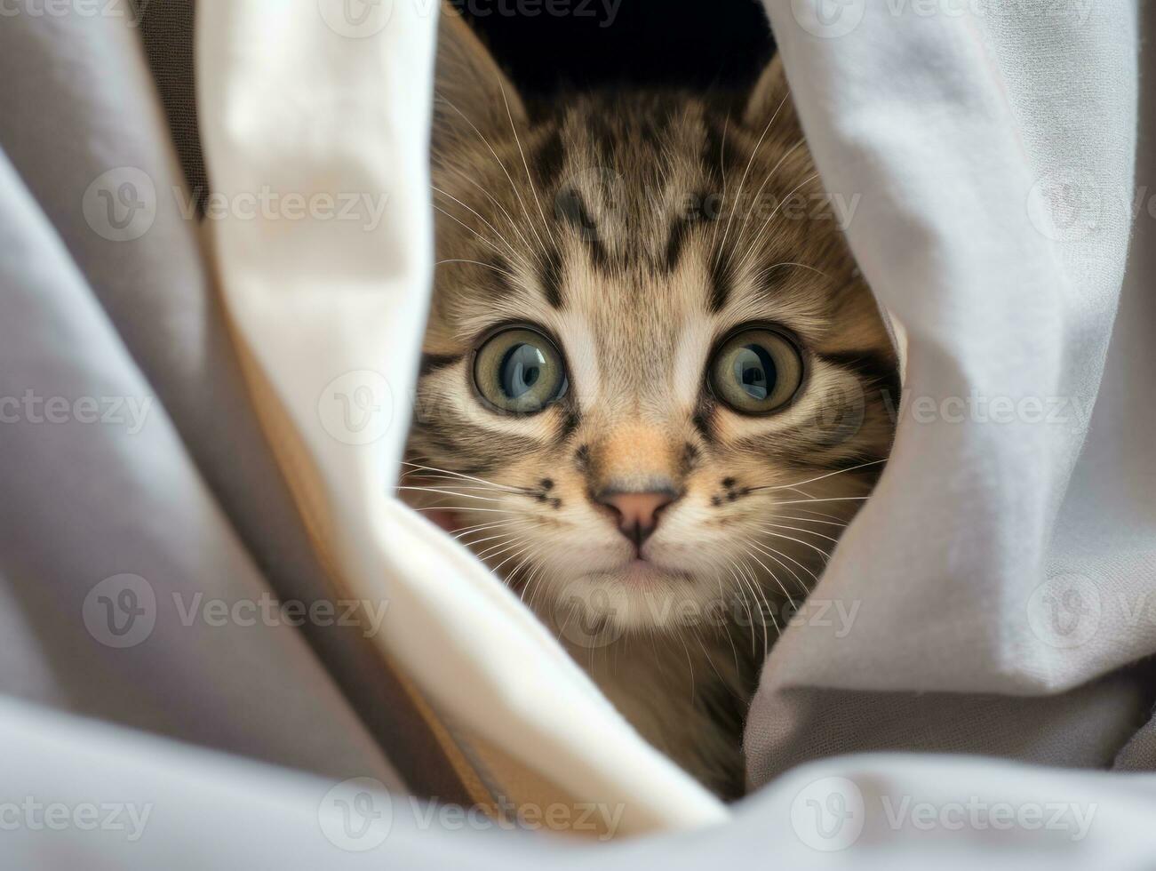 adorabile gattino sbirciando su a partire dal dietro a un' tenda ai generativo foto