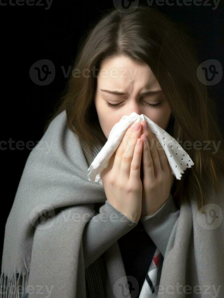 donna è mostrato sofferenza a partire dal freddo con che cola naso su grigio sfondo ai generativo foto
