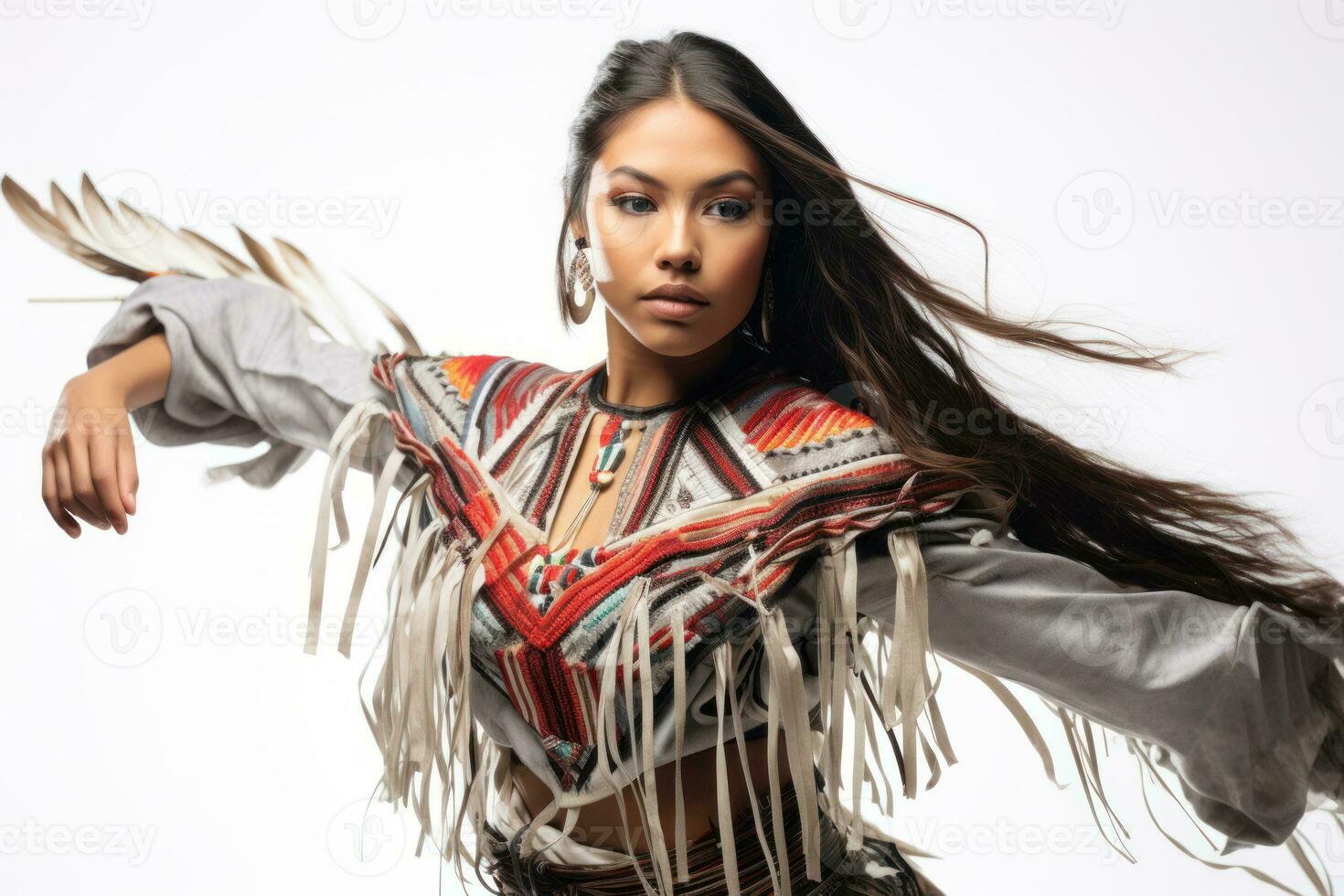 apache tribù donna. bellissimo giovane nativo americano donna nel tradizionale abbigliamento di indigeno tribù danza un etnico danza contro un' bianca sfondo. avvicinamento. ai generato foto