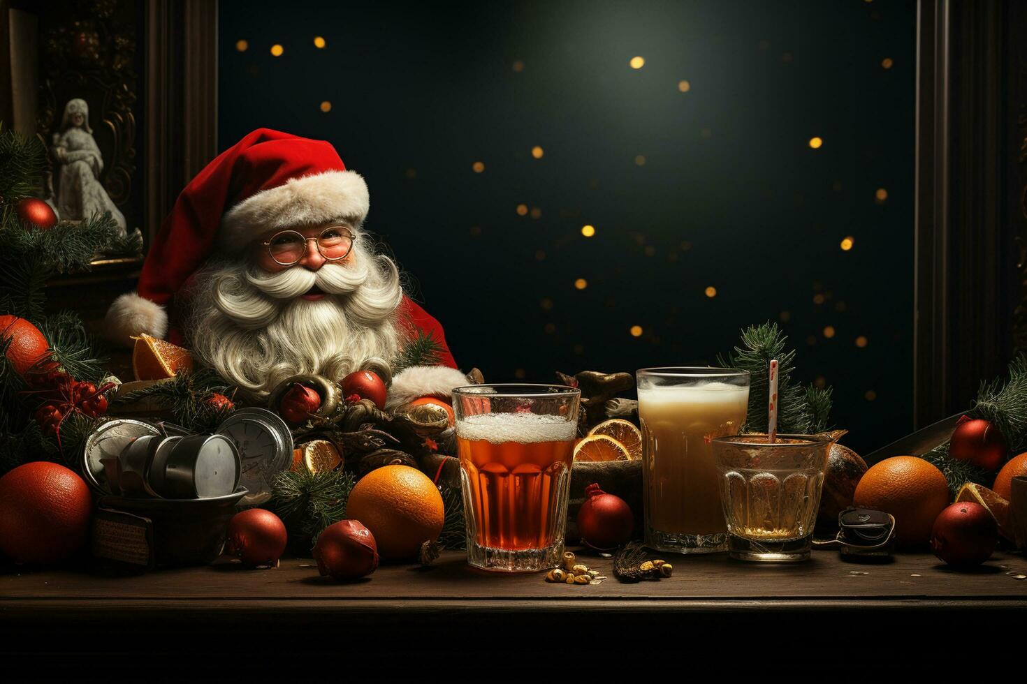 ai generativo Natale bandiera con copia spazio per testo, Santa Claus celebrare con confezioni regalo, abete albero rami e rosso ornamenti, buio colore sfondo foto