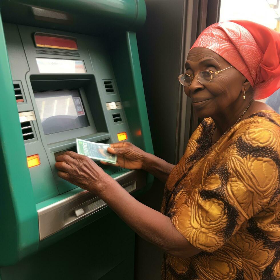 anziano donna a ATM - ai generato foto