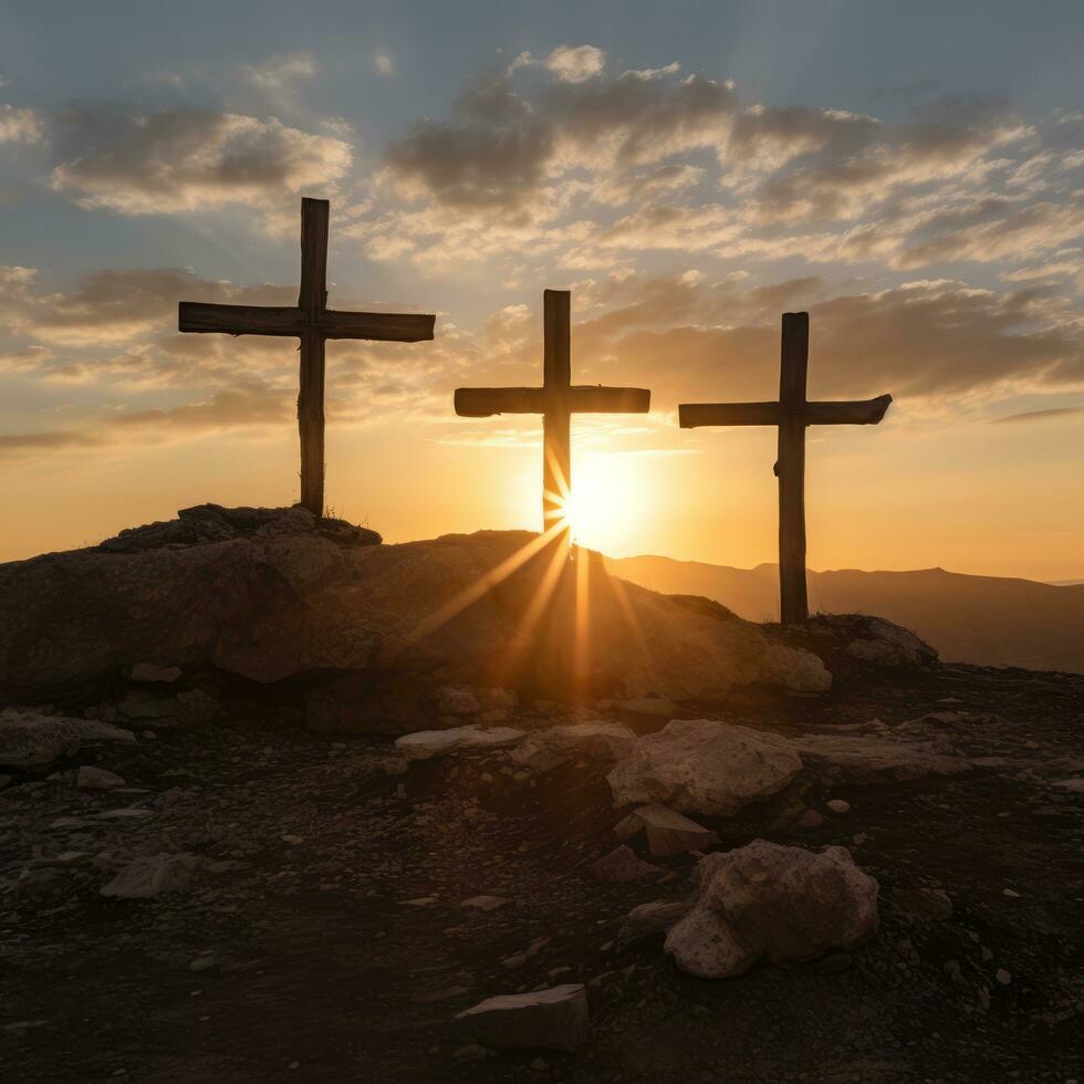 tre di legno croci a tramonto - ai generato foto