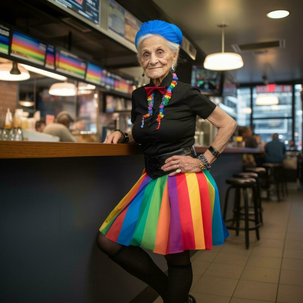 anziano donna abbraccia lgbt orgoglio - ai generato foto