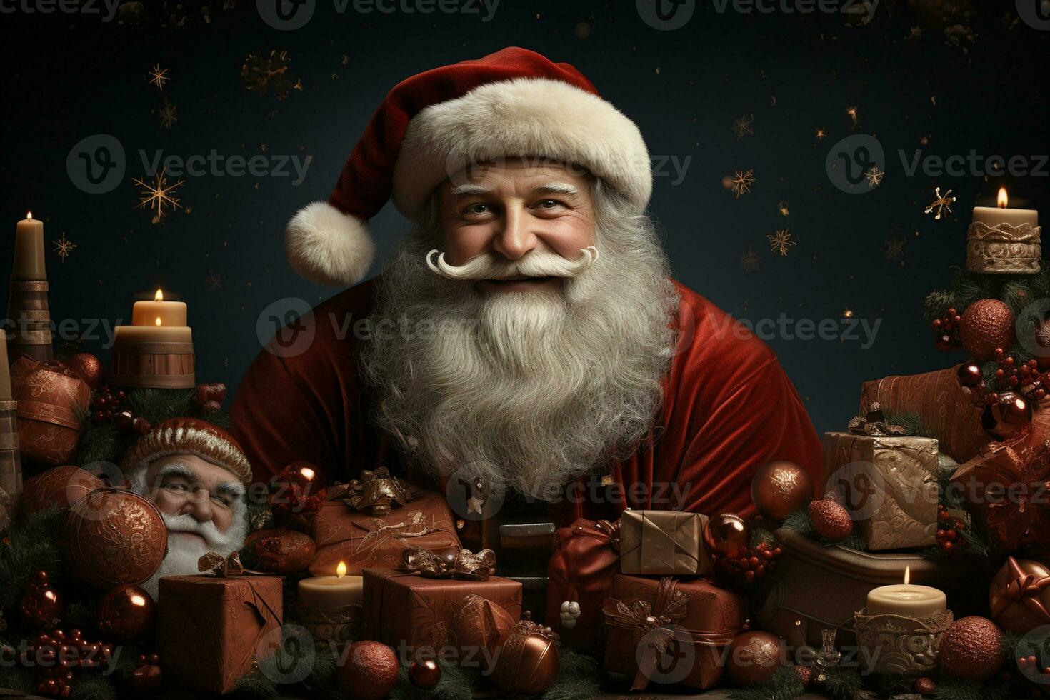 ai generativo Natale bandiera con copia spazio per testo, Santa Claus celebrare con confezioni regalo, abete albero rami e rosso ornamenti, buio colore sfondo foto