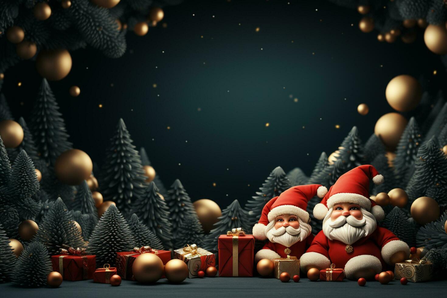 ai generativo Natale bandiera con copia spazio per testo, Santa Claus celebrare con confezioni regalo, abete albero rami e rosso ornamenti, buio colore sfondo foto