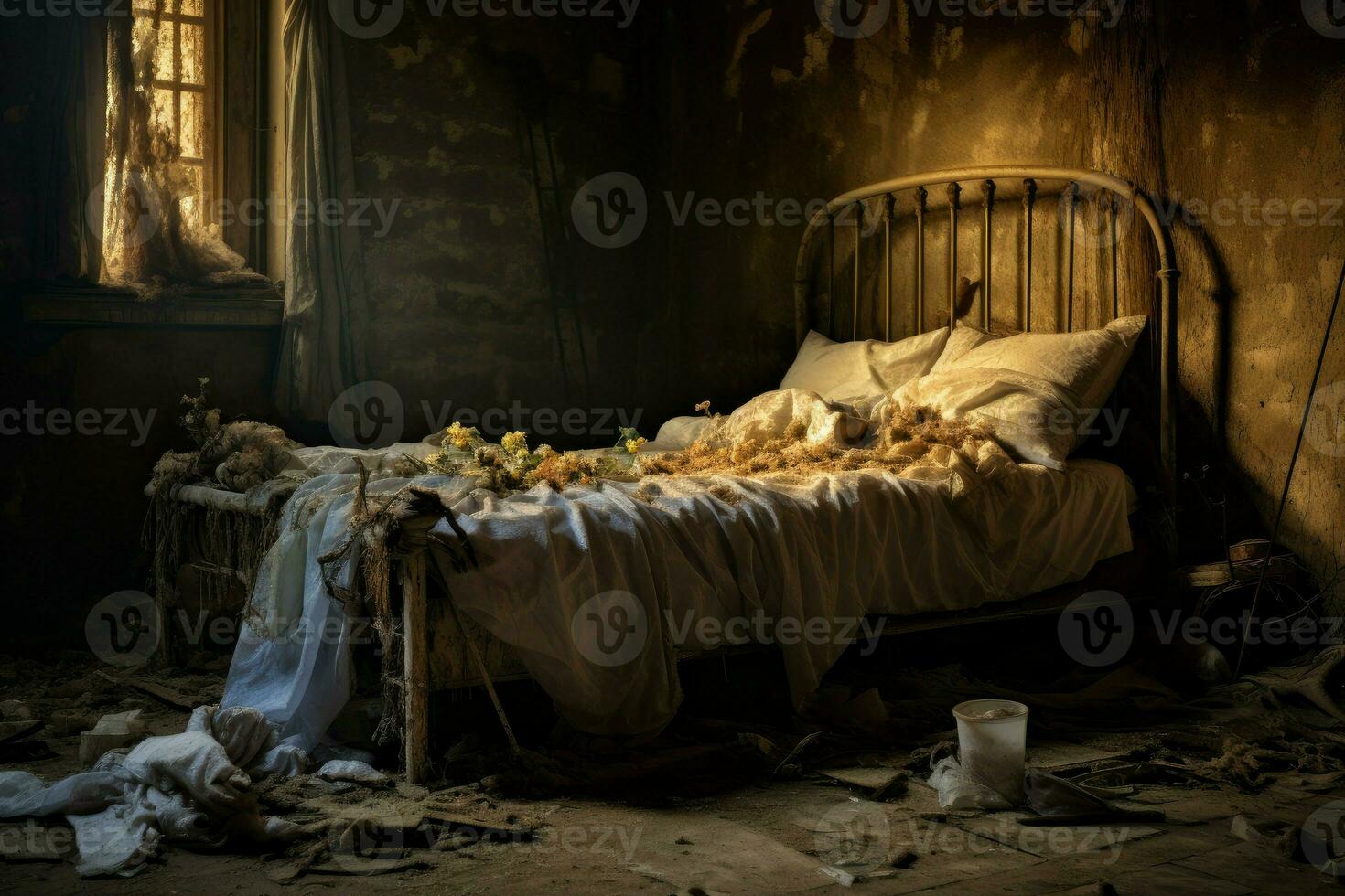 letto in putrefazione nel vecchio camera Casa con autunno foglie. creare ai foto