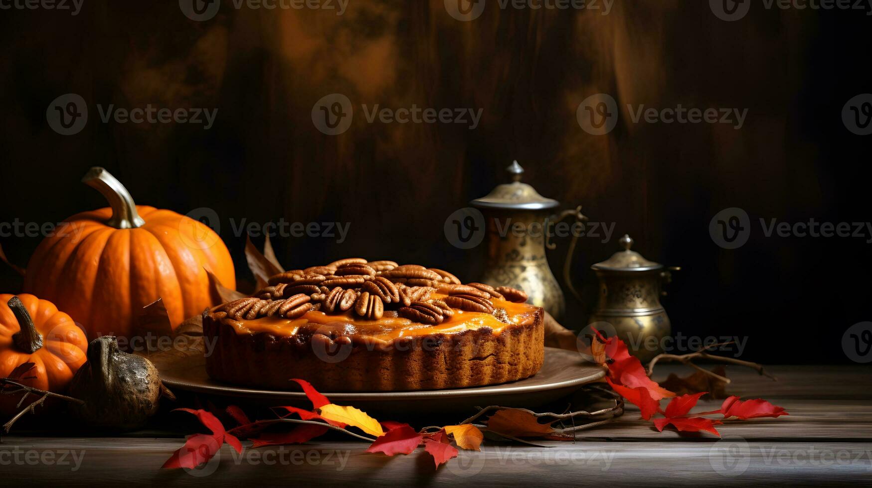 zucca torta su di legno tavolo con zucche e autunno le foglie ai generato foto