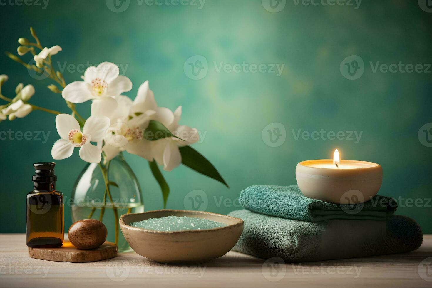 un' meravigliosamente decorato tavolo con un' floreale centrotavola e un' illuminato candela. ai generato foto