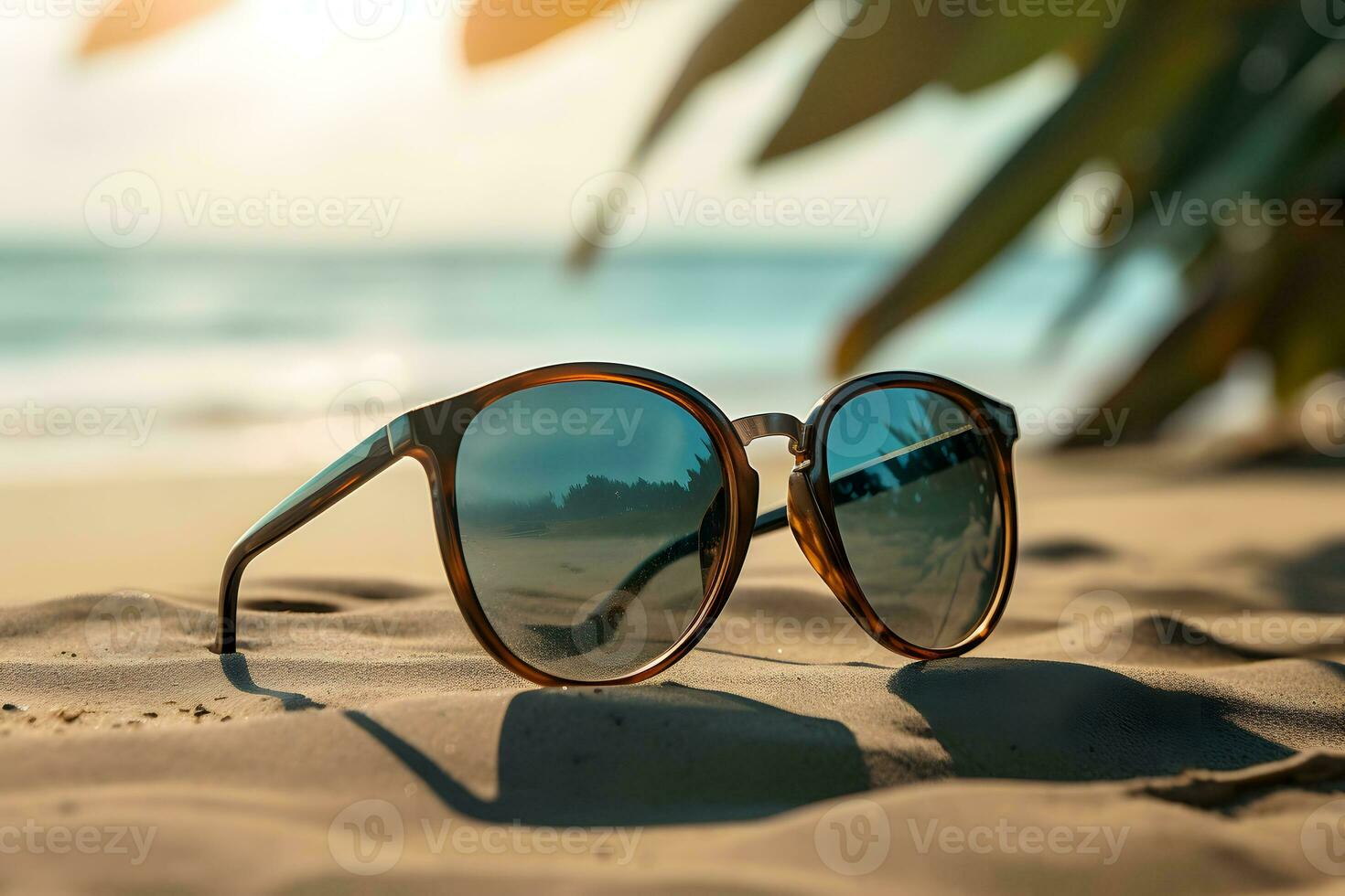 occhiali da sole su sabbioso spiaggia. ai generato foto