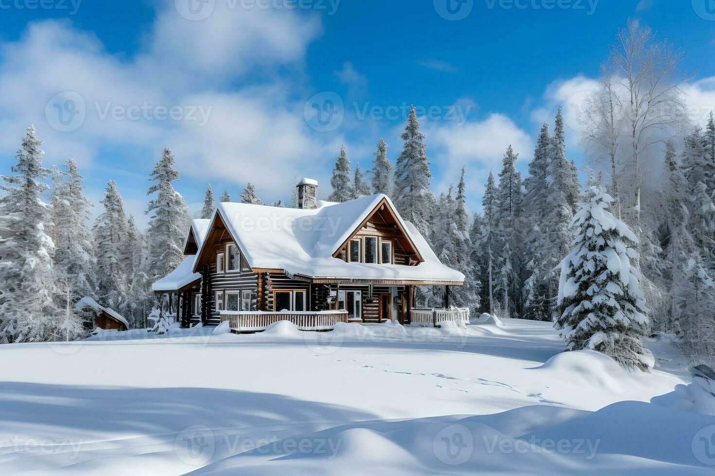 un' accogliente cabina annidato nel un' inverno Paese delle meraviglie foresta. ai generato foto