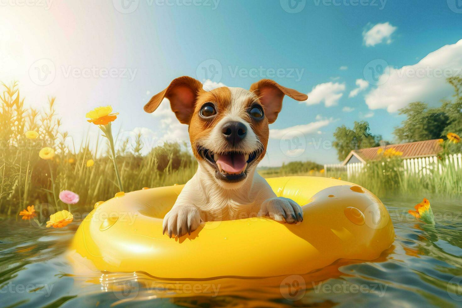 un' cane godendo un' giorno a il piscina su un gonfiabile giocattolo. ai generato foto
